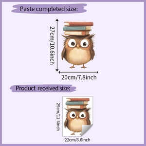 Tableau des tailles détaillé pour stickers hibou montrant les dimensions finales et de mise en page