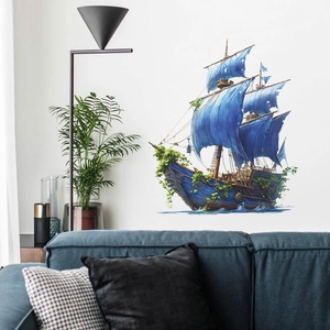 Blue sailboat wall sticker with green plants for creative nautical home decor