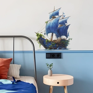 Blue sailboat wall sticker with green vines for child bedroom wall decor