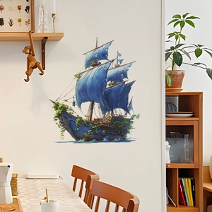 Blue fantasy sailboat wall sticker with green plants for nursery home decor