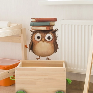Sticker mural hibou mignon avec livres colorés pour décoration de chambre d'enfant