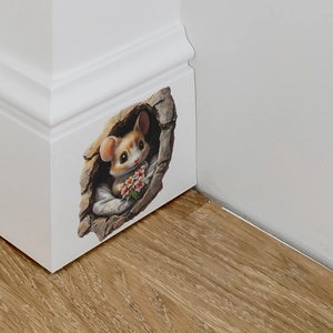 Sticker mural 3D représentant une souris mignonne avec des fleurs sortant d'un trou