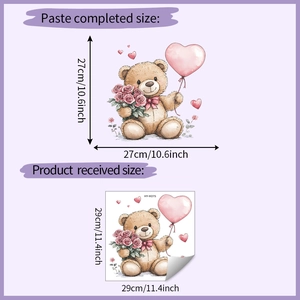 Detailed size chart showing teddy bear wall sticker measurements in cm and inches