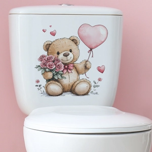 Cartoon Bear Holding Pink Rose And Heart Balloon Toilet Lid Sticker Waterproof Removable PVC Wall Decal For Bathroom Decor