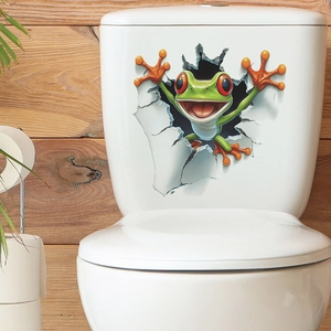 3D cartoon green frog wall sticker appearing through a cracked white wall for home decor