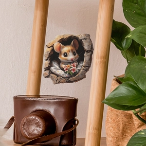 Sticker mural 3D souris mignonne avec fleur dans un trou d'arbre pour décoration