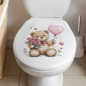 Cute teddy bear wall sticker with pink roses and heart balloon for home decoration