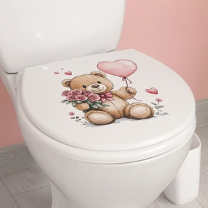 Cute teddy bear with pink rose and heart balloon wall sticker for home decor