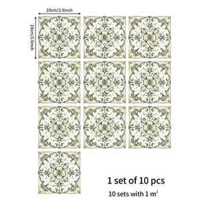 Detailed view of 10-piece green retro floral tile stickers measuring 10x10cm each