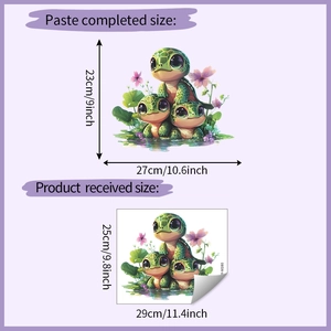 Detailed comparison of cute turtle wall sticker before and after application dimensions