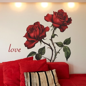 Romantic red rose wall stickers with Love lettering for bedroom and home decor