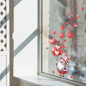 Valentine's Day Gnome Wall Sticker Heart Balloon Red Removable PVC Window Decal For Bedroom Home Entrance Decoration