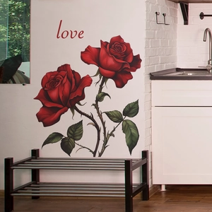 Romantic red roses and Love typography wall sticker for home bedroom and hallway decor