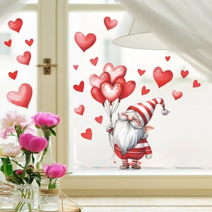 Valentine's Day gnome window sticker set with red hearts and watercolor gnome on glass