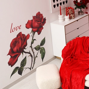 Romantic red rose wall decal with Love lettering for home bedroom wall decoration