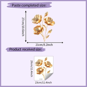 Detailed size dimensions of golden floral wall stickers for home decor measurement