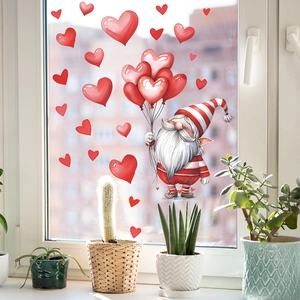 Valentine's Day gnome window sticker with red heart balloons for home decoration