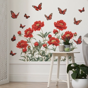 3D wall stickers featuring red peony flowers and butterflies for home wall decoration