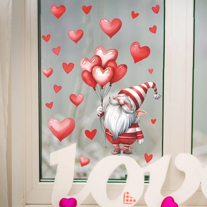 Valentine's Day gnome window sticker with red hearts on glass for home decoration