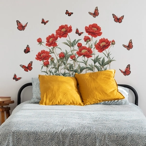 Self-adhesive red peony flowers and butterfly wall stickers for bedroom home decoration