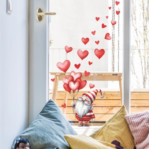 Valentine's Day gnome wall decal with red heart balloons on a glass sliding door decor