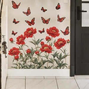 Self-adhesive red peony flower and butterfly wall stickers for home bedroom decoration