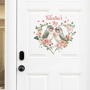Valentine's Day wall sticker with lovebirds and rose wreath on white wooden door decoration