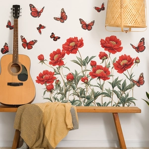 Realistic red peony flowers and butterfly wall stickers for bedroom home decoration