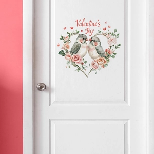 Self-adhesive wall sticker featuring a heart floral wreath with birds and Valentine's Day