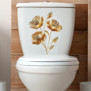 Golden flower wall sticker decal for home bathroom decoration on white ceramic surface
