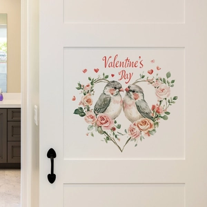 Watercolor Valentine's Day wall sticker with birds in heart flower wreath on white door