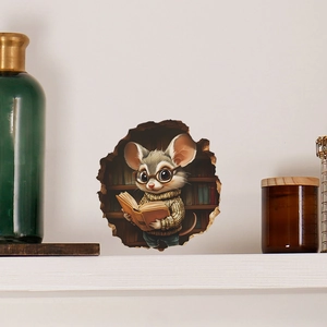 3D wall decal of a cute anthropomorphic mouse reading a book in a library setting