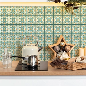 Mandala pattern self-adhesive kitchen tile stickers with teal and yellow geometric designs