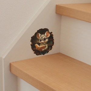 3D wall sticker featuring a cute mouse reading a book inside a bookshelf wall hole