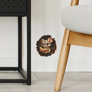 3D hole wall sticker featuring a cute mouse reading a book in a cozy library setting