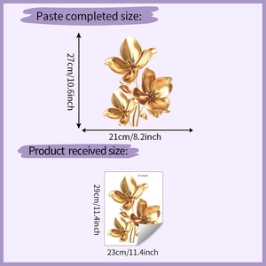 Detailed view of self-adhesive 3D golden flower wall stickers with specific dimensions