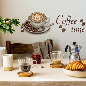 Sticker Mural Amovible en PVC Thème Coffee Time Avec Motif Tasse de Café et Grains Pour Cuisine Salle à Manger Café
