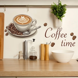 Stickers muraux autocollants Coffee Time avec tasse et grains pour cuisine et décor