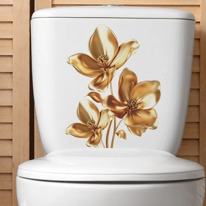 Elegant 3D golden floral self-adhesive wall decals for home bathroom decor with metallic finish