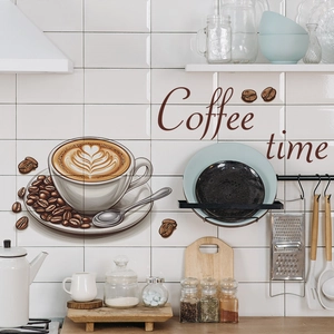 Sticker mural café autocollant avec tasse de latte art et grains pour décor de cuisine