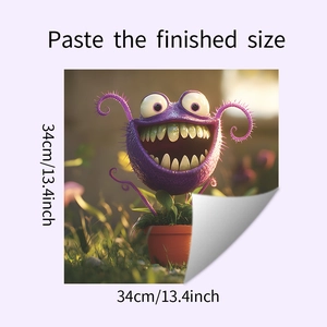 Detailed view of self-adhesive purple cartoon monster wall sticker 13.4 inch square size