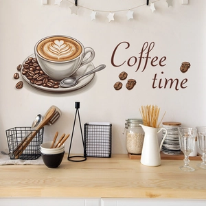 Stickers muraux thème café avec tasse et grains pour décoration de cuisine