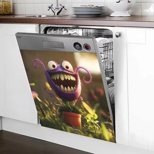 Magnetic dishwasher cover sticker with purple monster design for kitchen decor