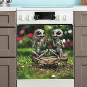 Kitchen dishwasher magnet cover featuring two aliens sitting on a log in a garden