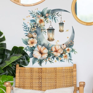 Floral moon wall sticker with vintage lanterns for elegant home decor and warm ambiance