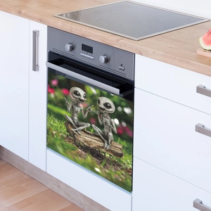 Magnetic dishwasher sticker featuring grey aliens in nature for kitchen appliance decor