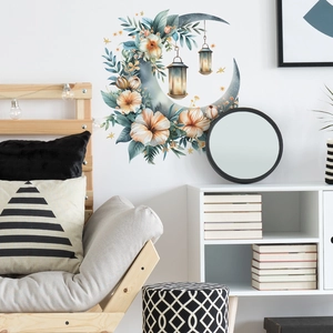 Floral moon wall sticker with vintage lanterns and orange blossoms for home decor