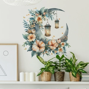 Floral Moon Wall Decal PVC Removable Mural Decor For Bedroom Living Room Eid Ramadan Lantern Stars Pattern Home Sticker