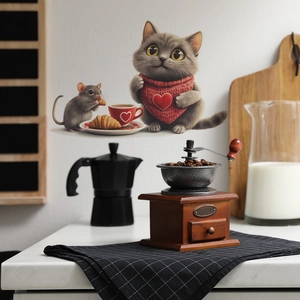 Cute cartoon cat and mouse wall sticker for kitchen decor with coffee and croissant