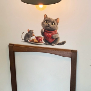Cartoon grey cat and mouse wall sticker with afternoon tea scene in warm home interior